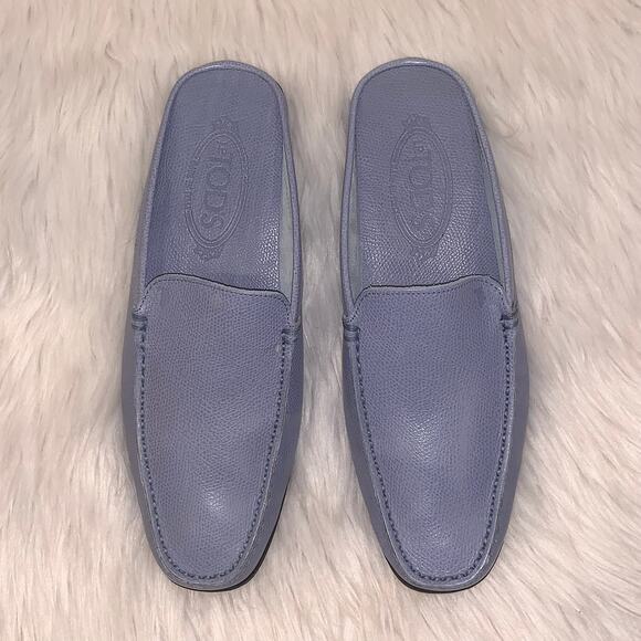 TODS Pebbled Leather Backless Slip On Drivers Mules Loafers, Blue - Picture 8 of 10